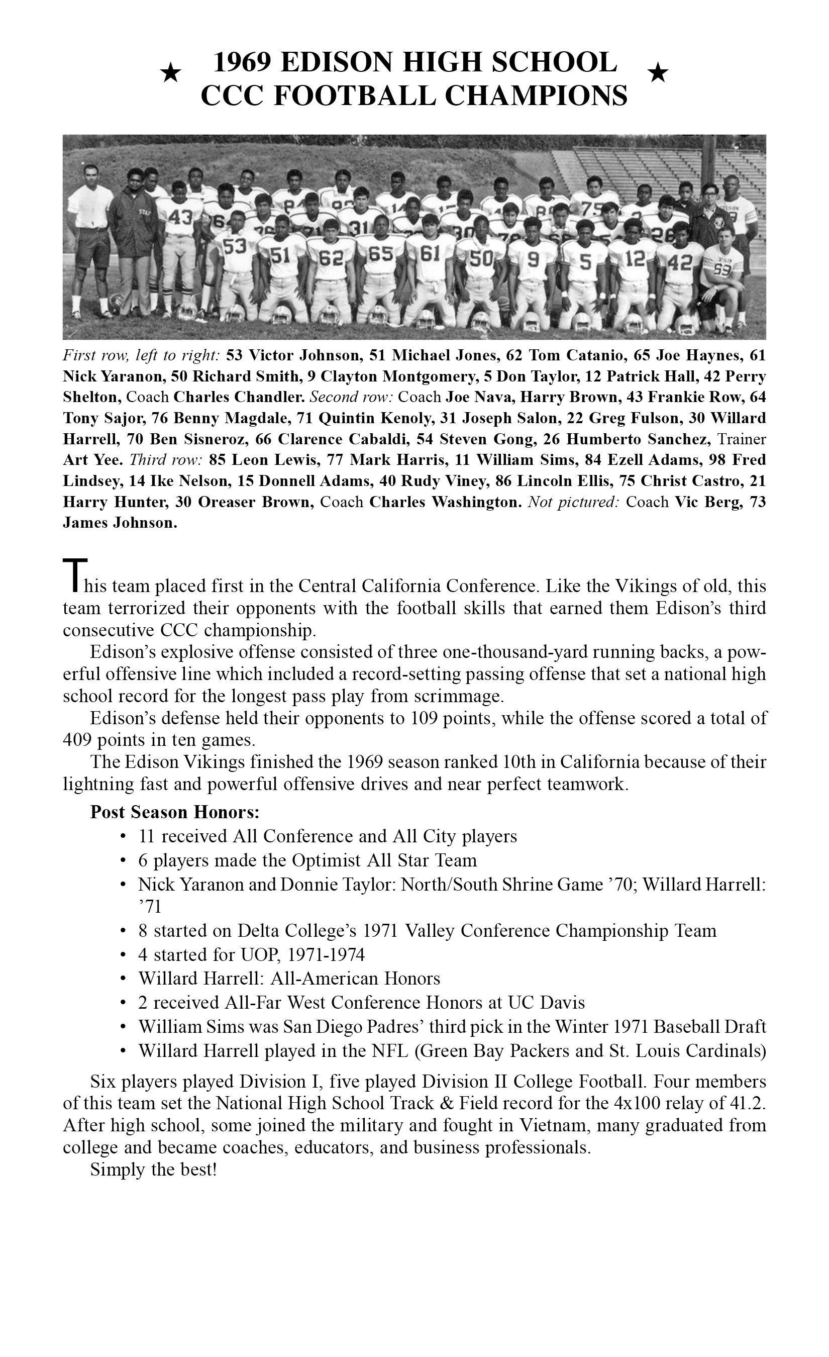 Edison High School Football Team 1969 Stockton Athletic